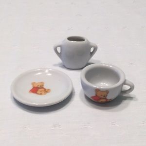 Mini Teddy Bear Saucer and Cup and White Mini Vase